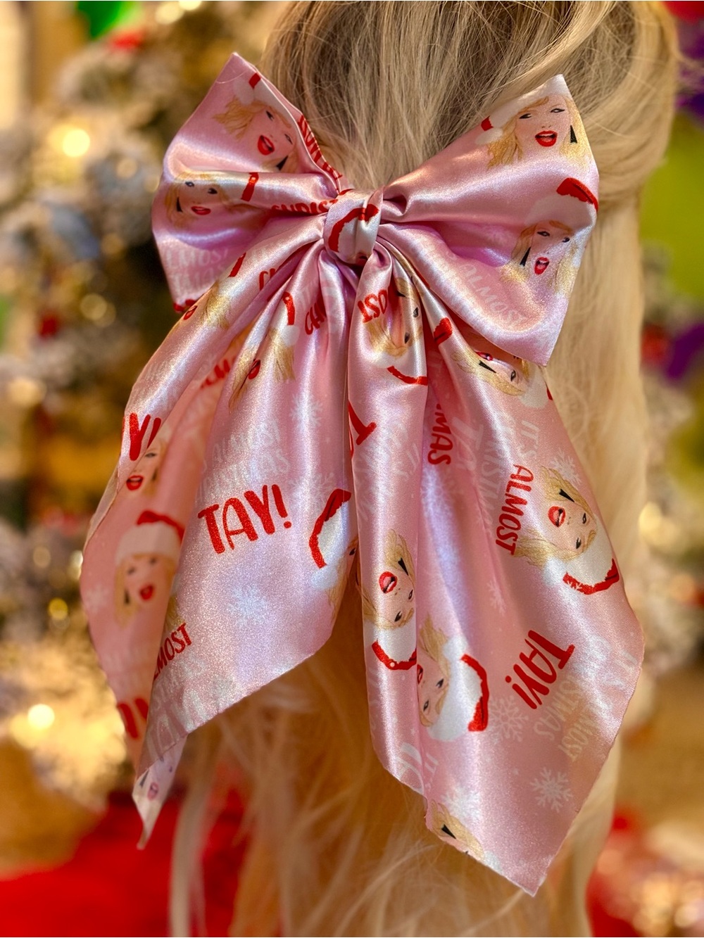 Pastel Pink Holiday Satin Hair Bow Taylor Swift Merry Swiftmas Christmas Outfit